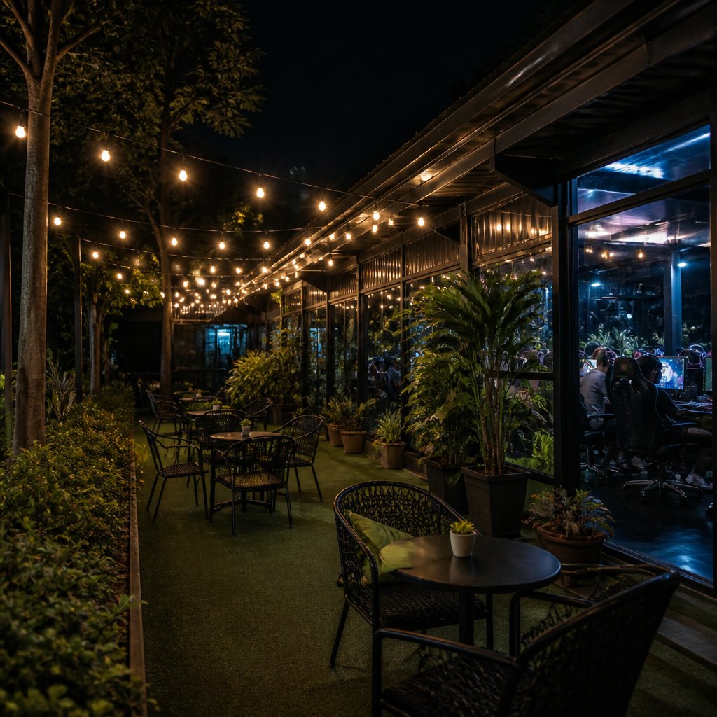 Close-up of warm string lights and greenery on the garden veranda at night